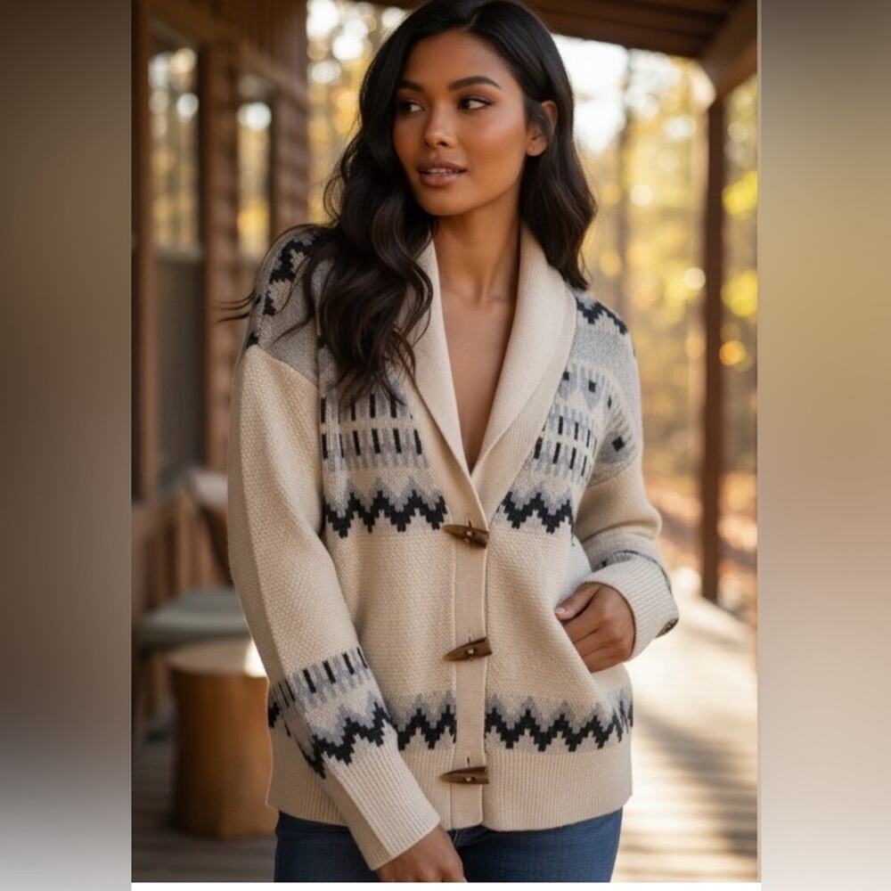 NEW FRYE OATMEAL FAIR ISLE V Neck Knit Cardigan Sweater TOGGLE BUTTONS SZ LARGE